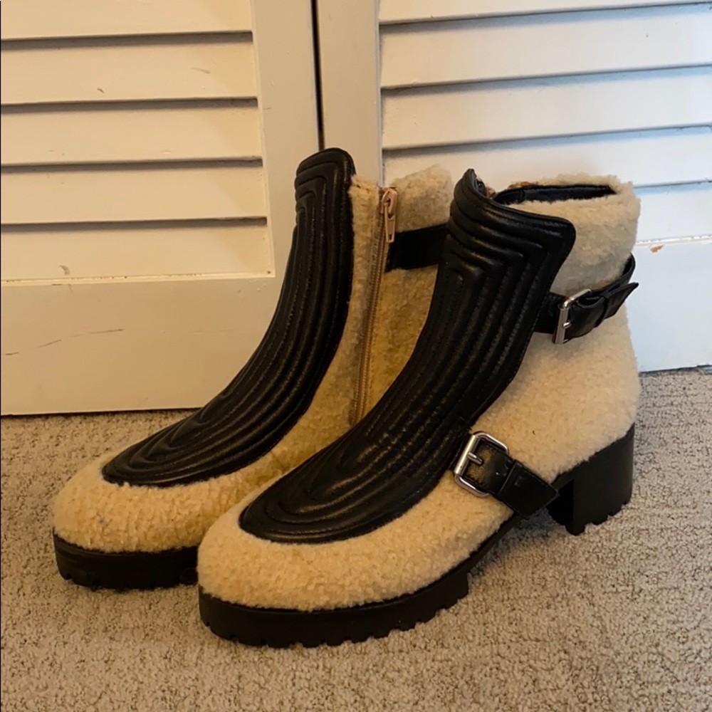Shearling & leather zip up boots